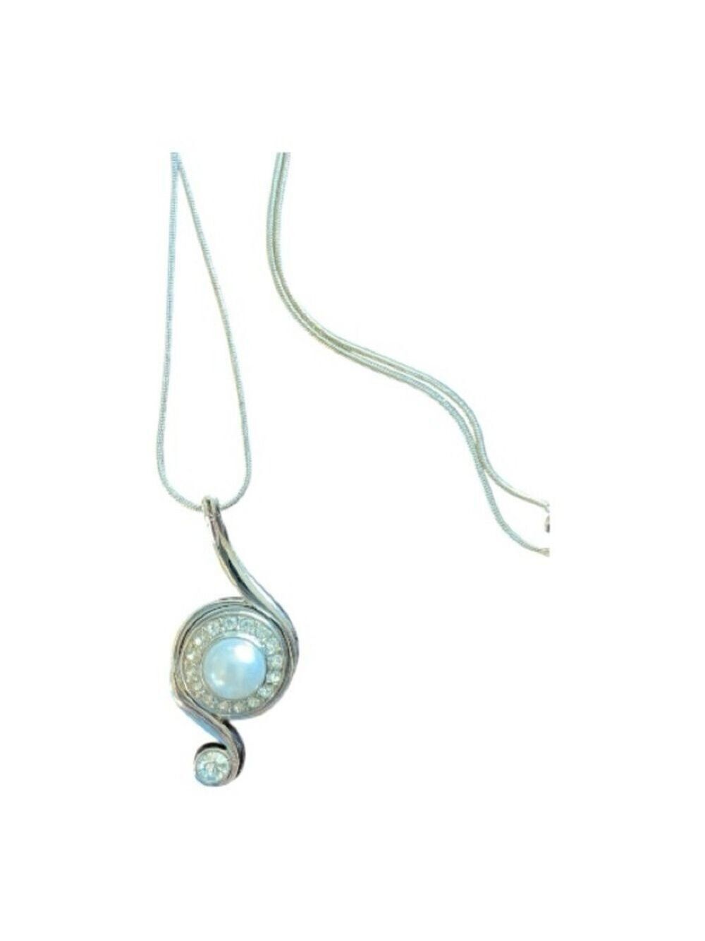 Silver-Tone Swirl Pendant with Luminous Pearl, Sleek Snake Chain, High-Polish.